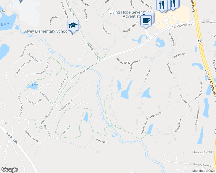 map of restaurants, bars, coffee shops, grocery stores, and more near 5634 Wheelwright Way in Haymarket