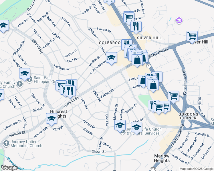 map of restaurants, bars, coffee shops, grocery stores, and more near 3917 26th Avenue in Temple Hills