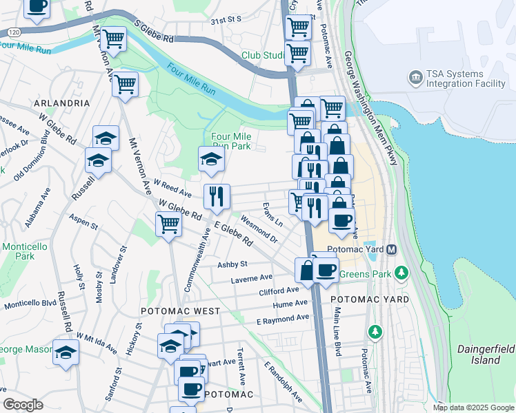 map of restaurants, bars, coffee shops, grocery stores, and more near 150 Lynhaven Drive in Alexandria
