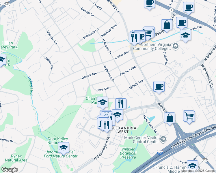 map of restaurants, bars, coffee shops, grocery stores, and more near 5537 Gary Avenue in Alexandria
