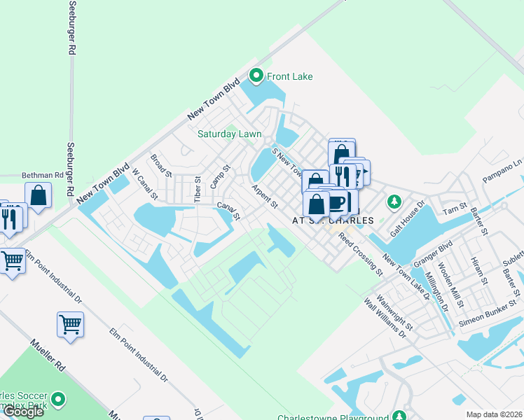 map of restaurants, bars, coffee shops, grocery stores, and more near 3194 Canal Street in Saint Charles