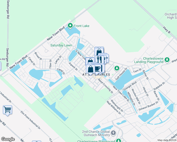 map of restaurants, bars, coffee shops, grocery stores, and more near 3248 Domain Street in Saint Charles