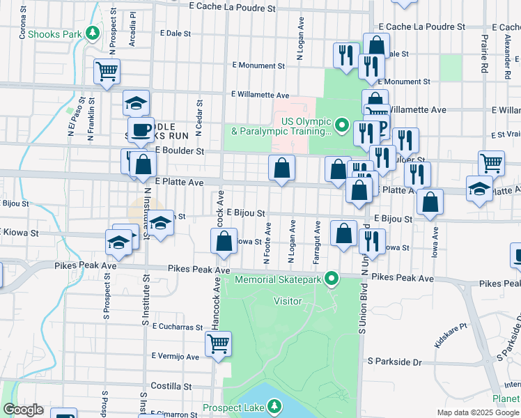 map of restaurants, bars, coffee shops, grocery stores, and more near 213 North Foote Avenue in Colorado Springs