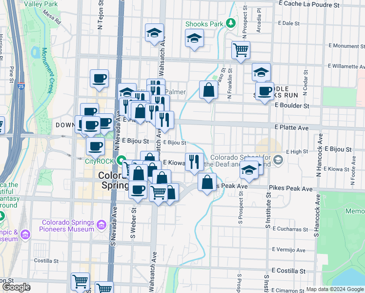 map of restaurants, bars, coffee shops, grocery stores, and more near 518 East Bijou Street in Colorado Springs