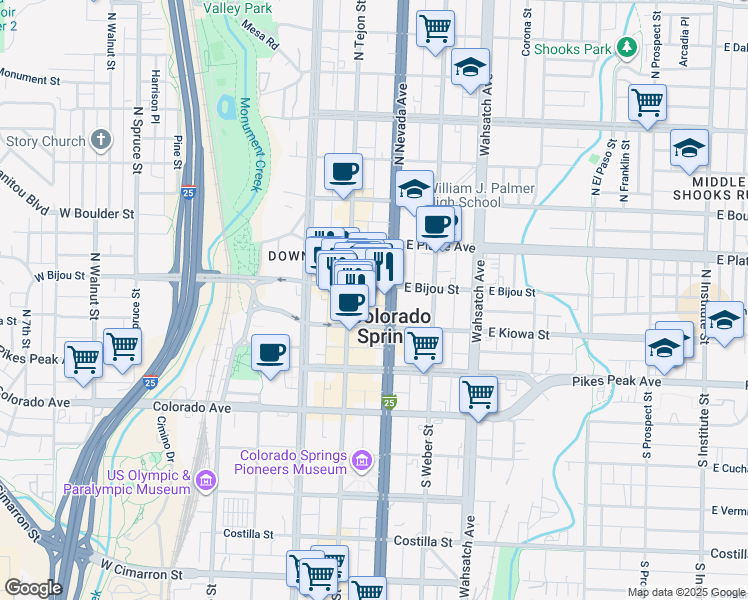 map of restaurants, bars, coffee shops, grocery stores, and more near 131 North Tejon Street in Colorado Springs