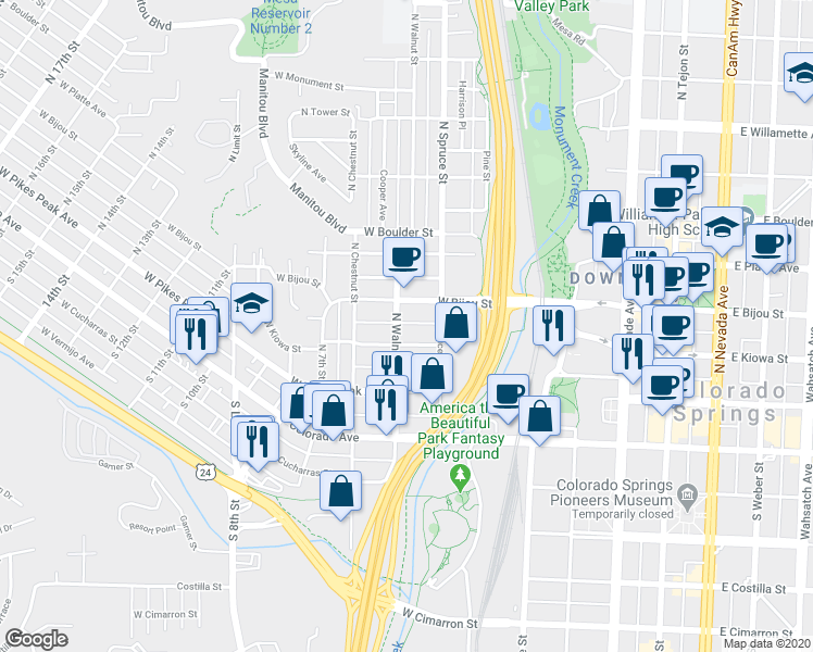 map of restaurants, bars, coffee shops, grocery stores, and more near 419 West Bijou Street in Colorado Springs
