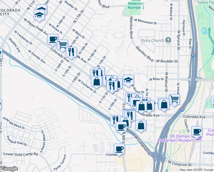 map of restaurants, bars, coffee shops, grocery stores, and more near 2 South 11th Street in Colorado Springs