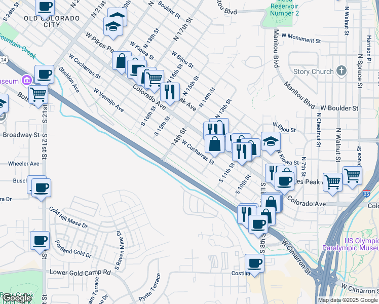 map of restaurants, bars, coffee shops, grocery stores, and more near 1307 West Cucharras Street in Colorado Springs