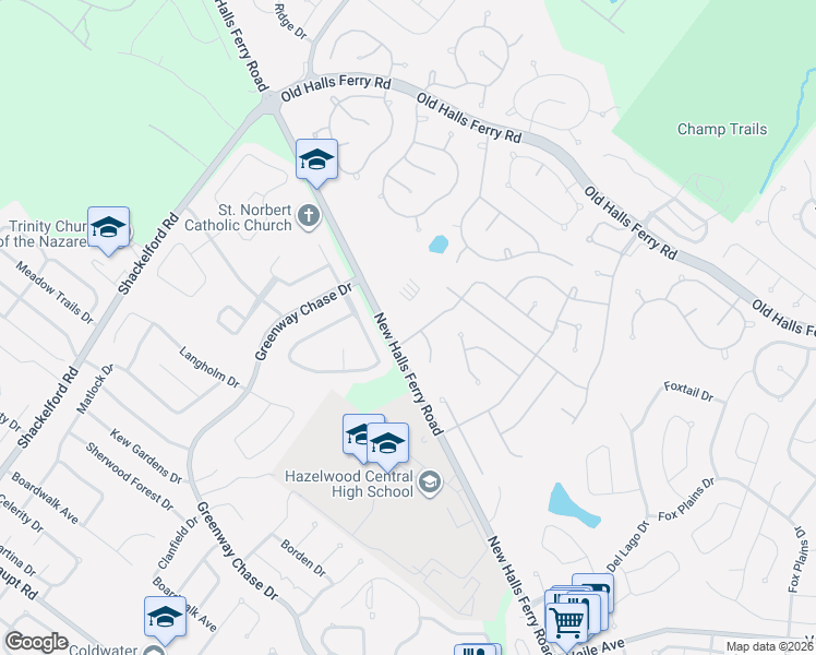 map of restaurants, bars, coffee shops, grocery stores, and more near 3819 Salvation Road in Florissant