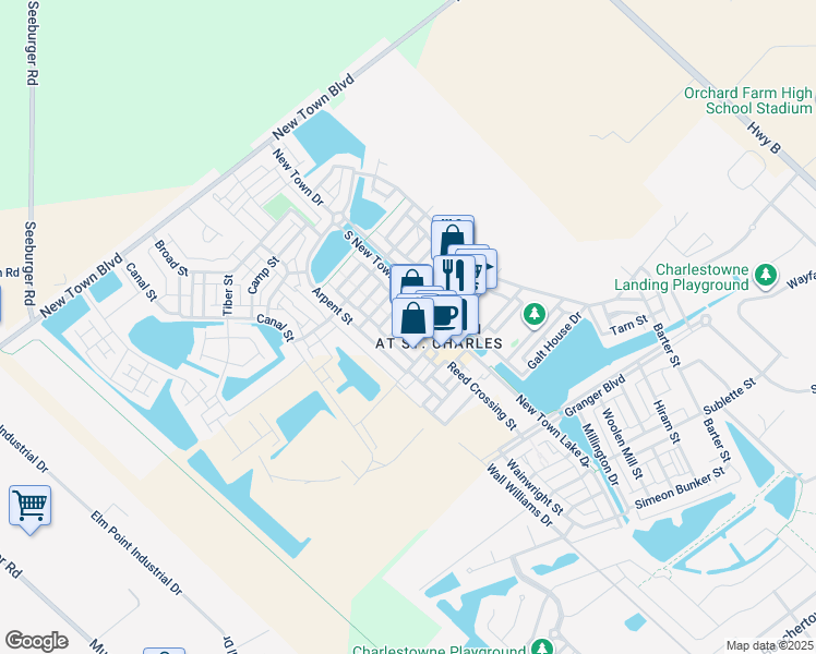 map of restaurants, bars, coffee shops, grocery stores, and more near 3248 Domain Street in Saint Charles
