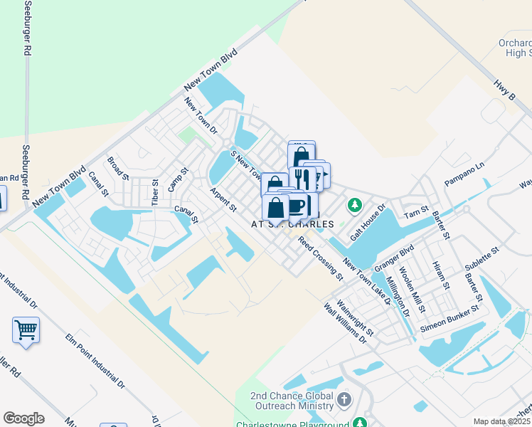 map of restaurants, bars, coffee shops, grocery stores, and more near 3248 Domain Street in Saint Charles