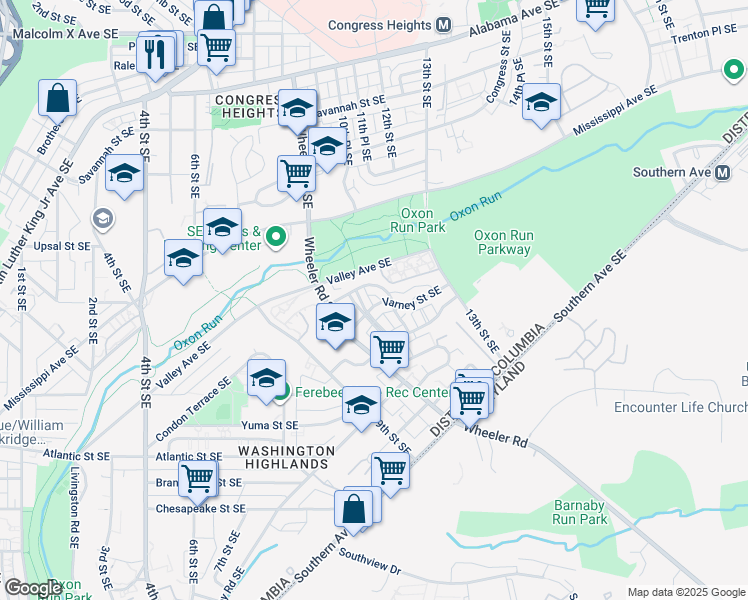 map of restaurants, bars, coffee shops, grocery stores, and more near 912 Varney Street Southeast in Washington