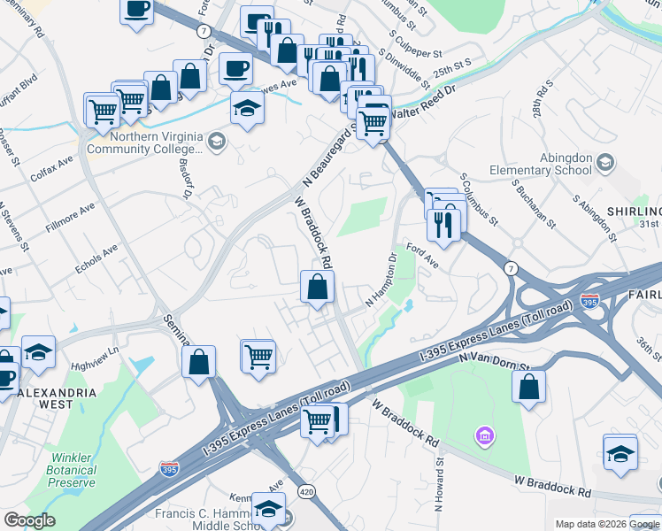 map of restaurants, bars, coffee shops, grocery stores, and more near 4757 West Braddock Road in Alexandria