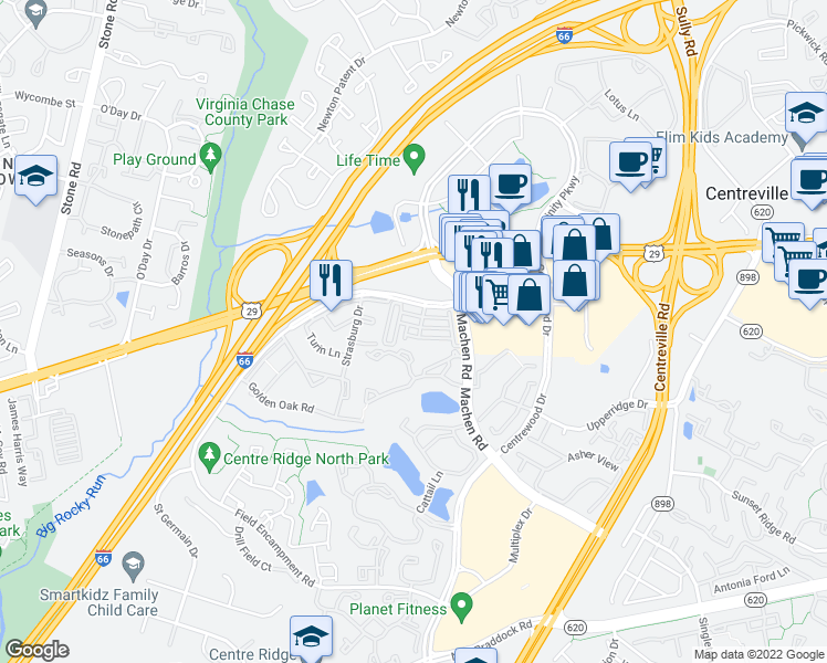 map of restaurants, bars, coffee shops, grocery stores, and more near 14277A Woven Willow Lane in Centreville