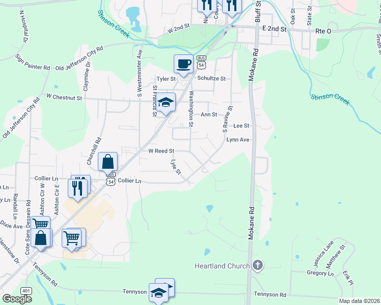 map of restaurants, bars, coffee shops, grocery stores, and more near 802 Washington Street in Fulton