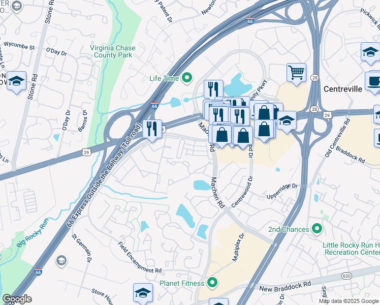 map of restaurants, bars, coffee shops, grocery stores, and more near 14277A Woven Willow Lane in Centreville