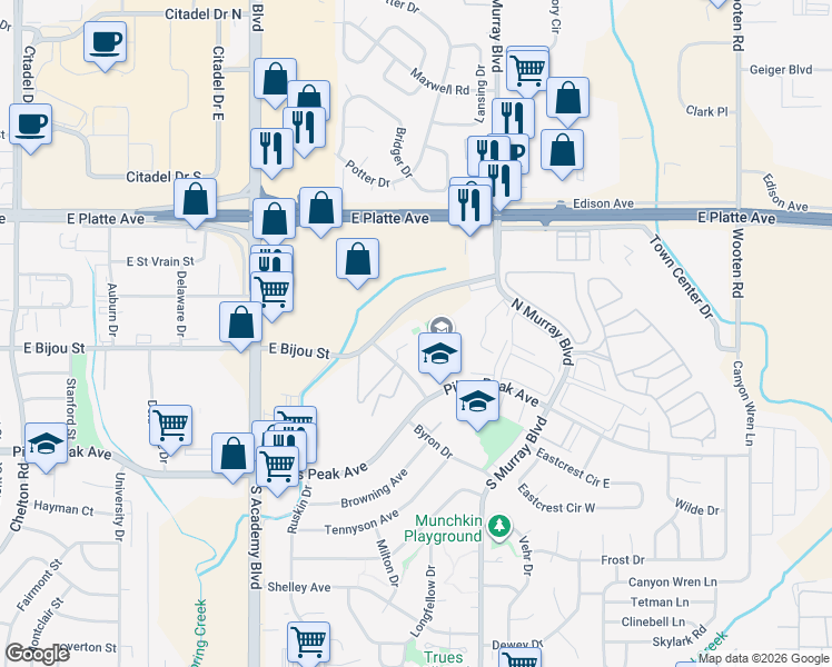 map of restaurants, bars, coffee shops, grocery stores, and more near 4220 East Pikes Peak Avenue in Colorado Springs