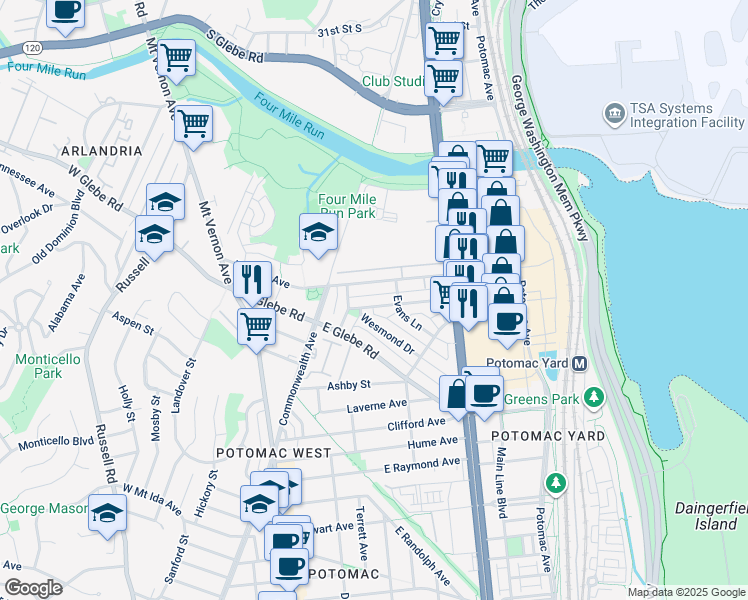 map of restaurants, bars, coffee shops, grocery stores, and more near 132 Lynhaven Drive in Alexandria