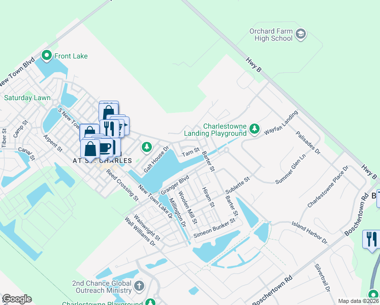 map of restaurants, bars, coffee shops, grocery stores, and more near Tarn Street in Saint Charles