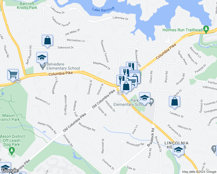 map of restaurants, bars, coffee shops, grocery stores, and more near 6413 Columbia Pike in Annandale