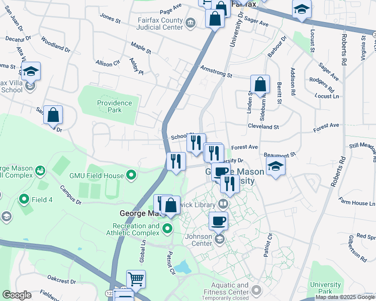 map of restaurants, bars, coffee shops, grocery stores, and more near 4356 High Oak Lane in Fairfax
