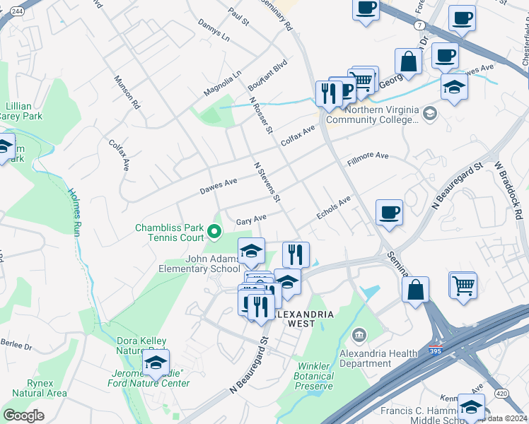 map of restaurants, bars, coffee shops, grocery stores, and more near 5537 Gary Avenue in Alexandria