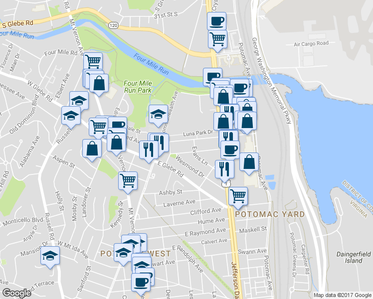 map of restaurants, bars, coffee shops, grocery stores, and more near 142 Lynhaven Drive in Alexandria