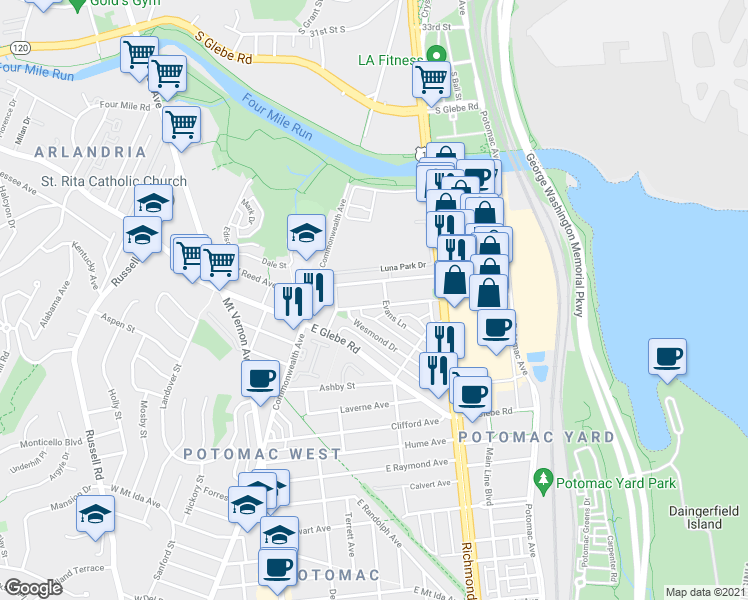 map of restaurants, bars, coffee shops, grocery stores, and more near 150 Lynhaven Drive in Alexandria