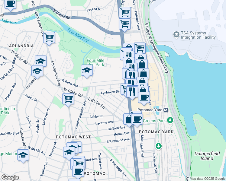 map of restaurants, bars, coffee shops, grocery stores, and more near 206 Lynhaven Drive in Alexandria