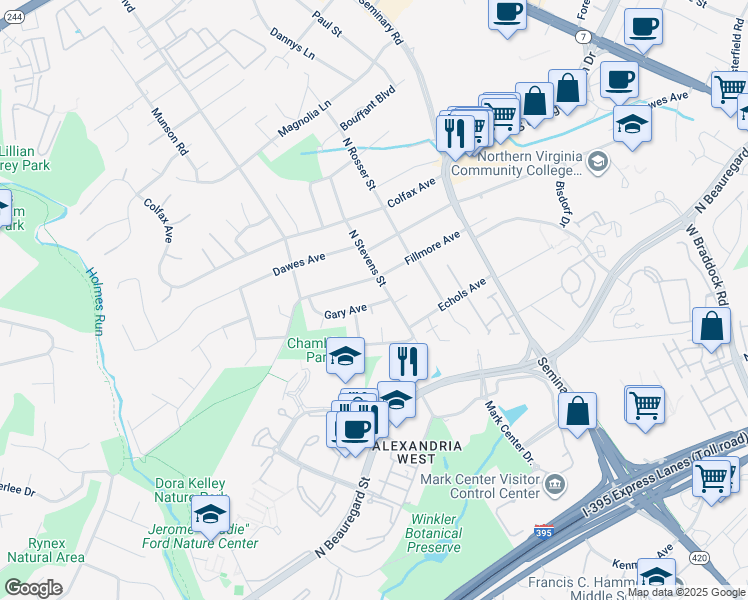 map of restaurants, bars, coffee shops, grocery stores, and more near 5511 Gary Avenue in Alexandria