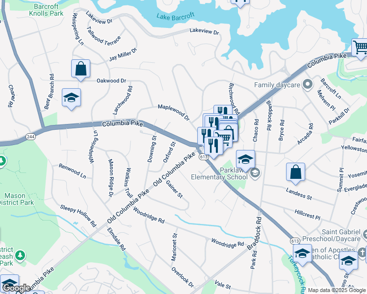 map of restaurants, bars, coffee shops, grocery stores, and more near 6413 Columbia Pike in Annandale