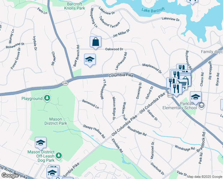 map of restaurants, bars, coffee shops, grocery stores, and more near 4105 Watkins Trail in Annandale
