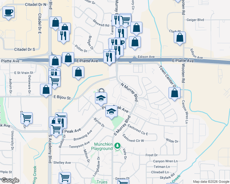 map of restaurants, bars, coffee shops, grocery stores, and more near 310 North Murray Boulevard in Colorado Springs