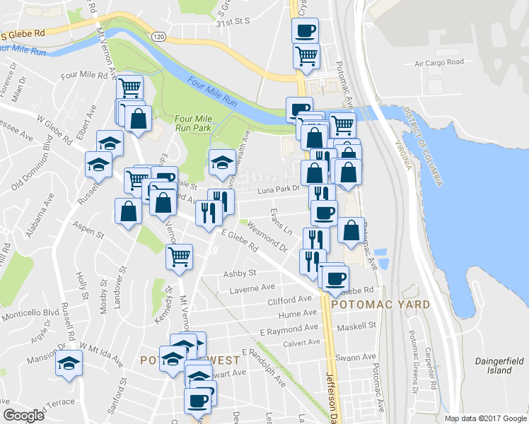 map of restaurants, bars, coffee shops, grocery stores, and more near 148 Lynhaven Drive in Alexandria