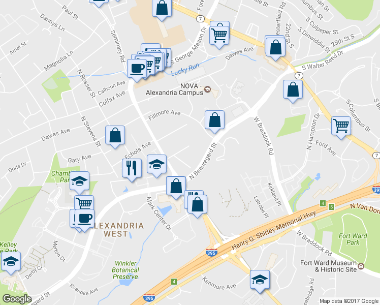 map of restaurants, bars, coffee shops, grocery stores, and more near 5066 Fairbanks Avenue in Alexandria