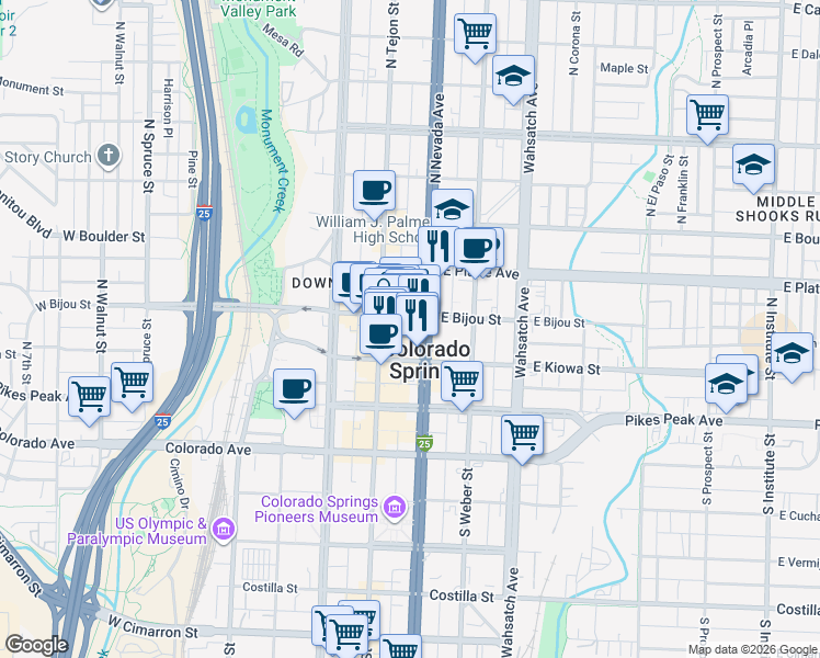 map of restaurants, bars, coffee shops, grocery stores, and more near 219 East Bijou Street in Colorado Springs