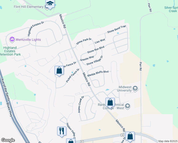 map of restaurants, bars, coffee shops, grocery stores, and more near 407 Marble Fields Drive in Wentzville