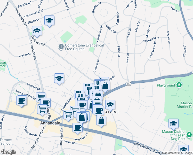 map of restaurants, bars, coffee shops, grocery stores, and more near 4004 Terrace Drive in Annandale