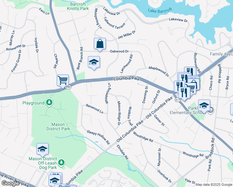 map of restaurants, bars, coffee shops, grocery stores, and more near 4105 Watkins Trail in Annandale