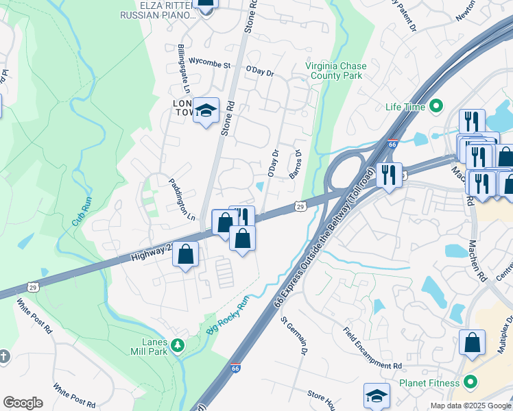 map of restaurants, bars, coffee shops, grocery stores, and more near 6223 Frosty Winter Court in Centreville