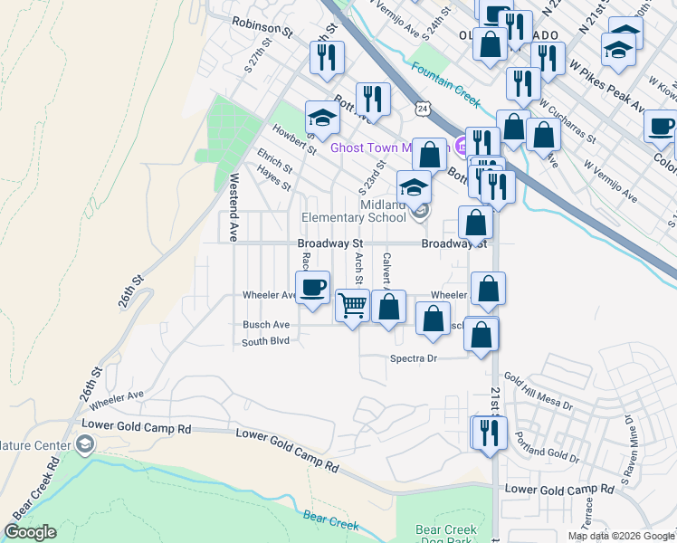 map of restaurants, bars, coffee shops, grocery stores, and more near 1121 Market Street in Colorado Springs