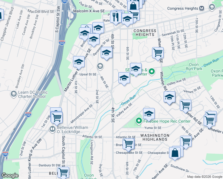 map of restaurants, bars, coffee shops, grocery stores, and more near 4th St SE & Mississippi Ave SE in Washington
