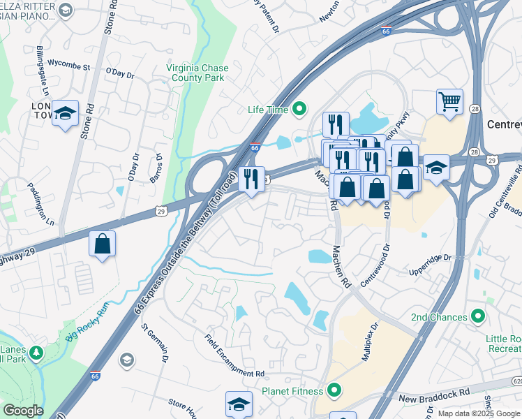 map of restaurants, bars, coffee shops, grocery stores, and more near 14417 Saguaro Place in Centreville