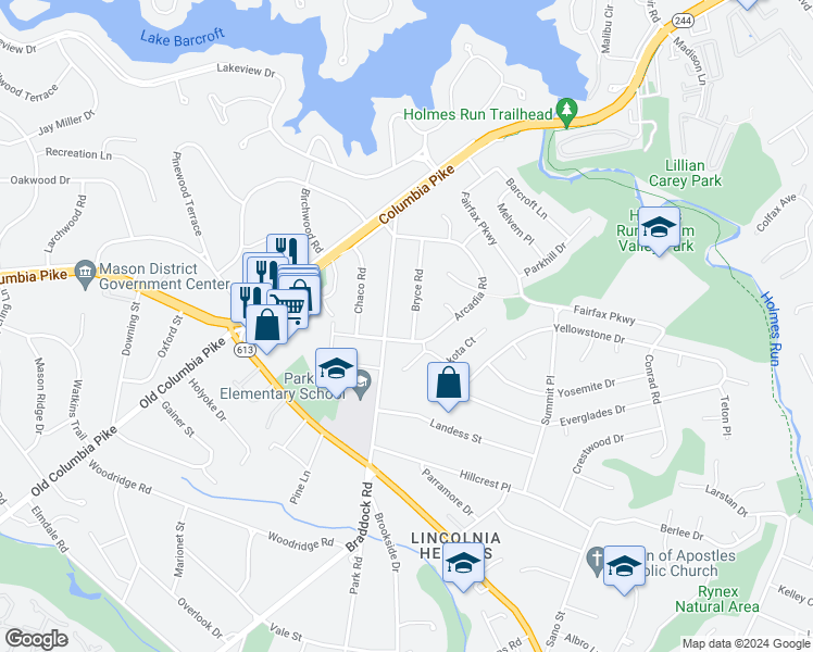 map of restaurants, bars, coffee shops, grocery stores, and more near 4010 Bryce Road in Alexandria