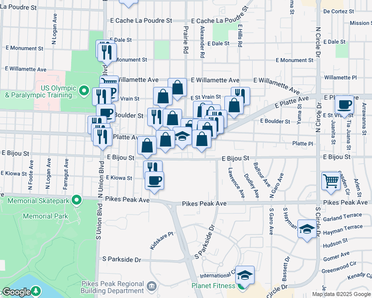 map of restaurants, bars, coffee shops, grocery stores, and more near 2309 East Platte Avenue in Colorado Springs