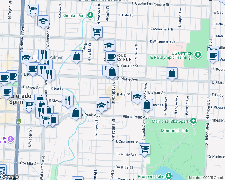 map of restaurants, bars, coffee shops, grocery stores, and more near 219 North Institute Street in Colorado Springs