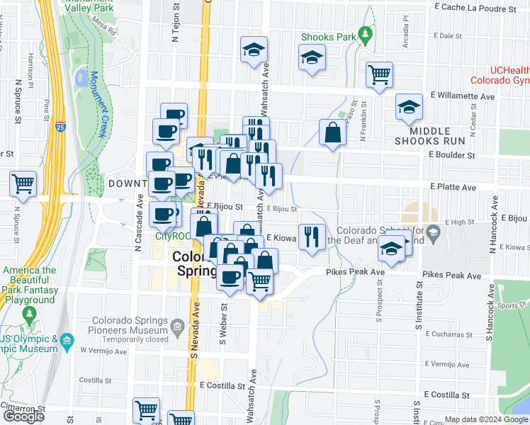 map of restaurants, bars, coffee shops, grocery stores, and more near 417 1/2 East Bijou Street in Colorado Springs