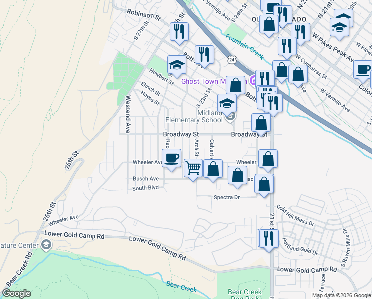 map of restaurants, bars, coffee shops, grocery stores, and more near 1121 Market Street in Colorado Springs