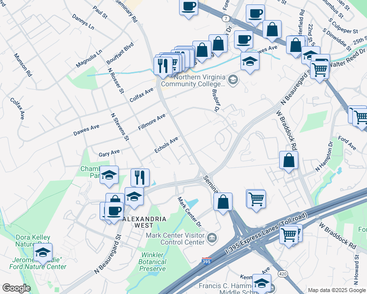 map of restaurants, bars, coffee shops, grocery stores, and more near 5137 Heritage Lane in Alexandria