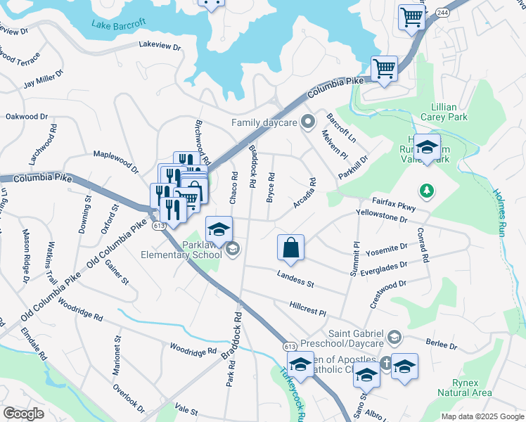 map of restaurants, bars, coffee shops, grocery stores, and more near 4010 Bryce Road in Alexandria